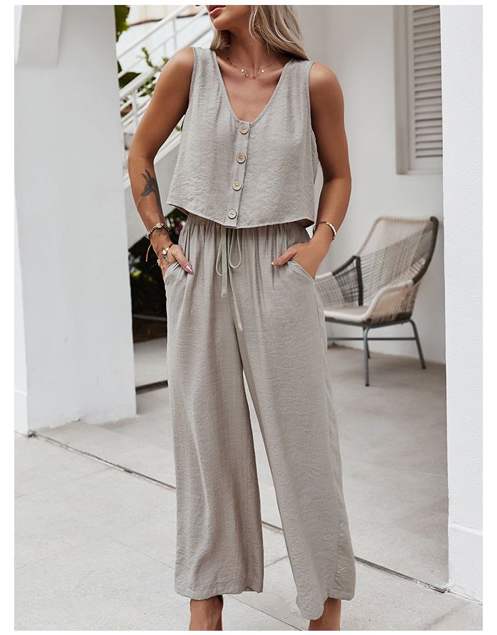 Spring Summer Two Piece Set Sleeveless V-Neck Single Breasted Vest Tops Drawstring Wide Leg Pants